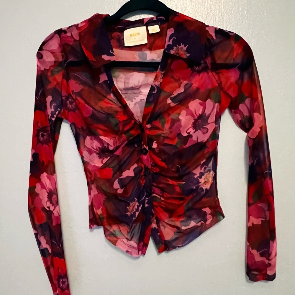 Anthropologie Red and Purple Floral Blouse